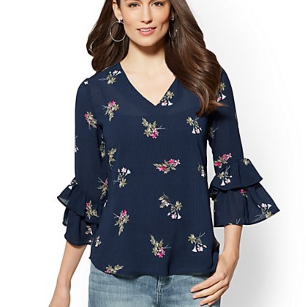 Navy Floral Flounce Sleeve Top